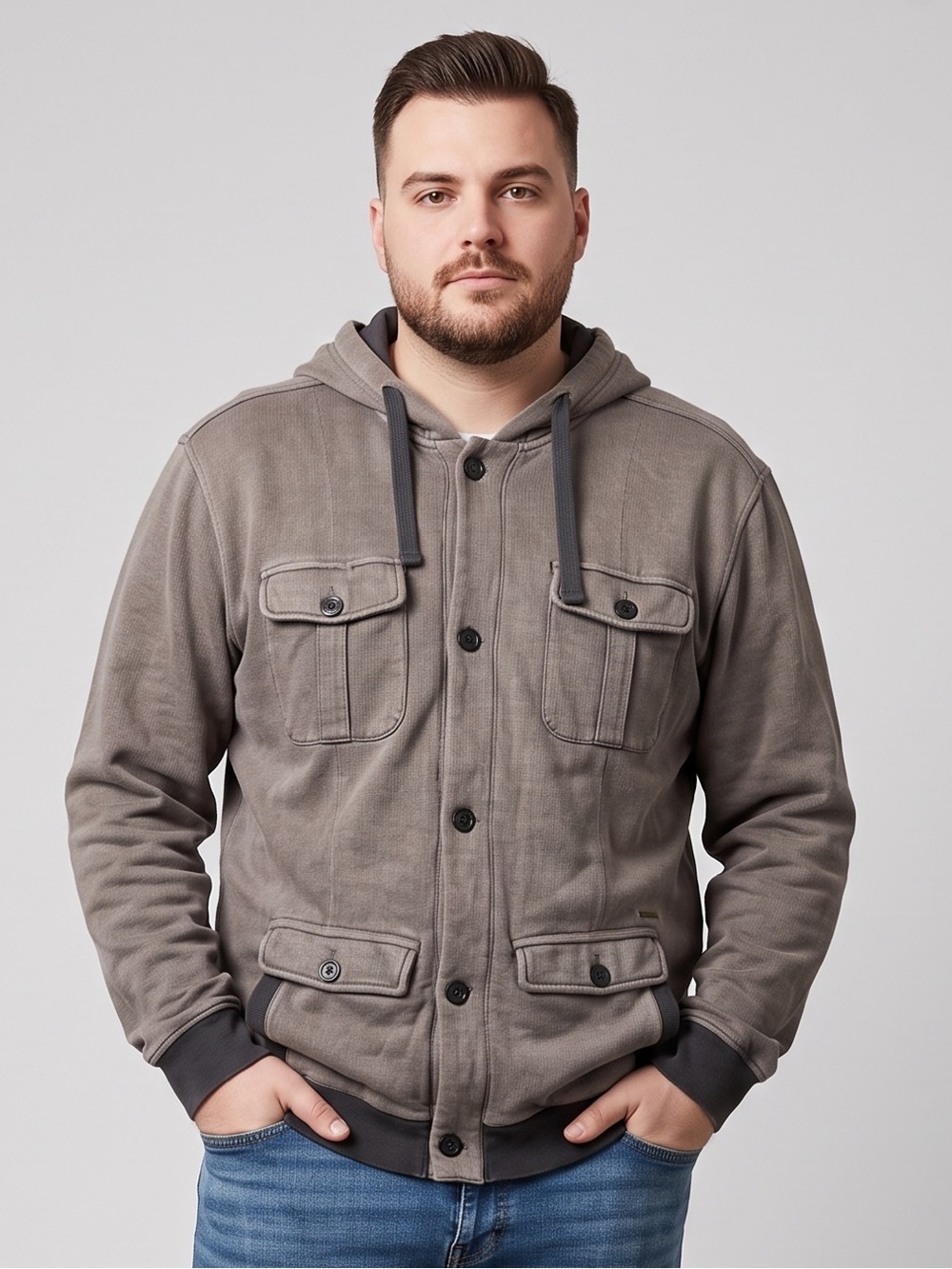 Quiksilver Gray Softshell Hooded Zip & Button Military Style Chore Jacket